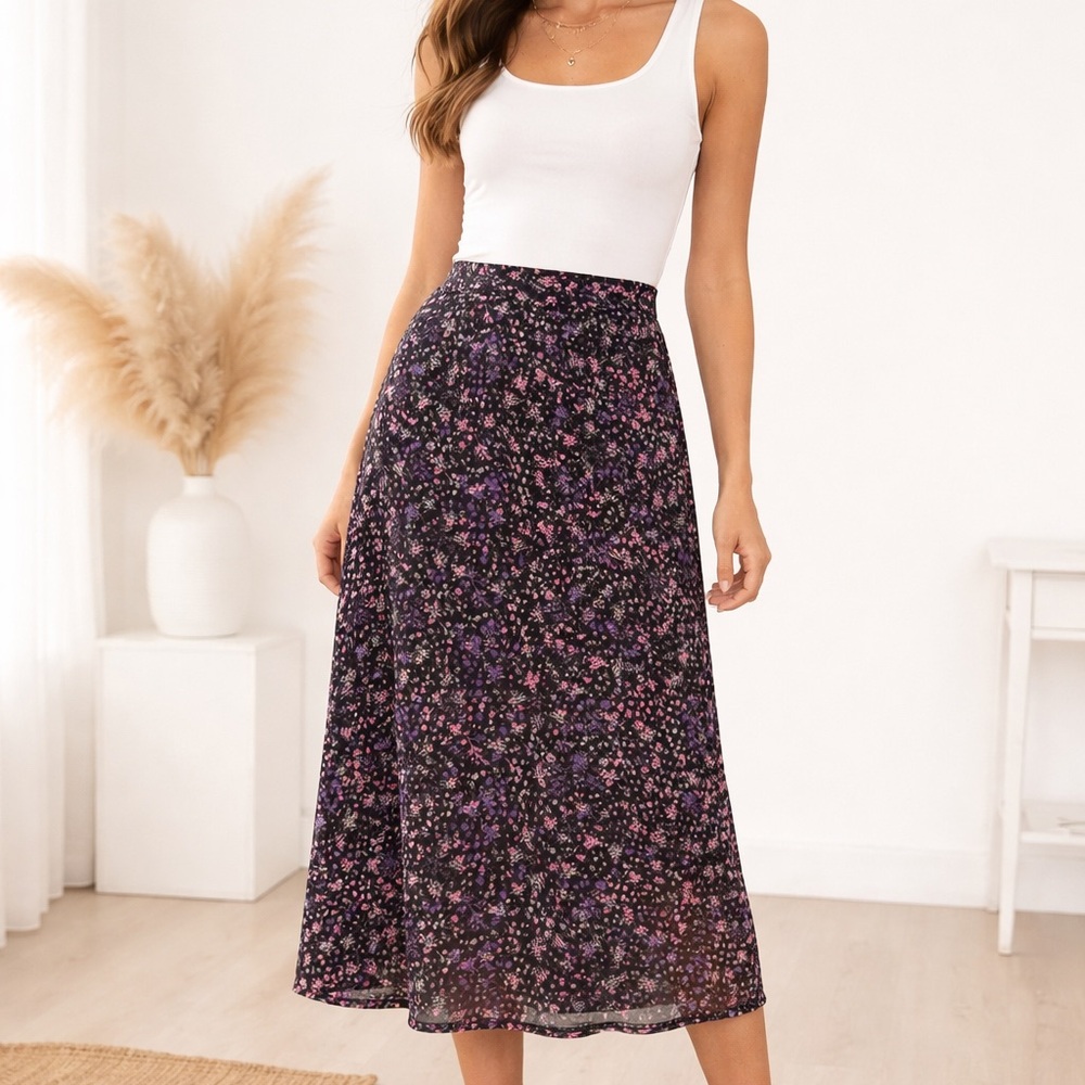 Floral Midi Skirt in Black and Purple